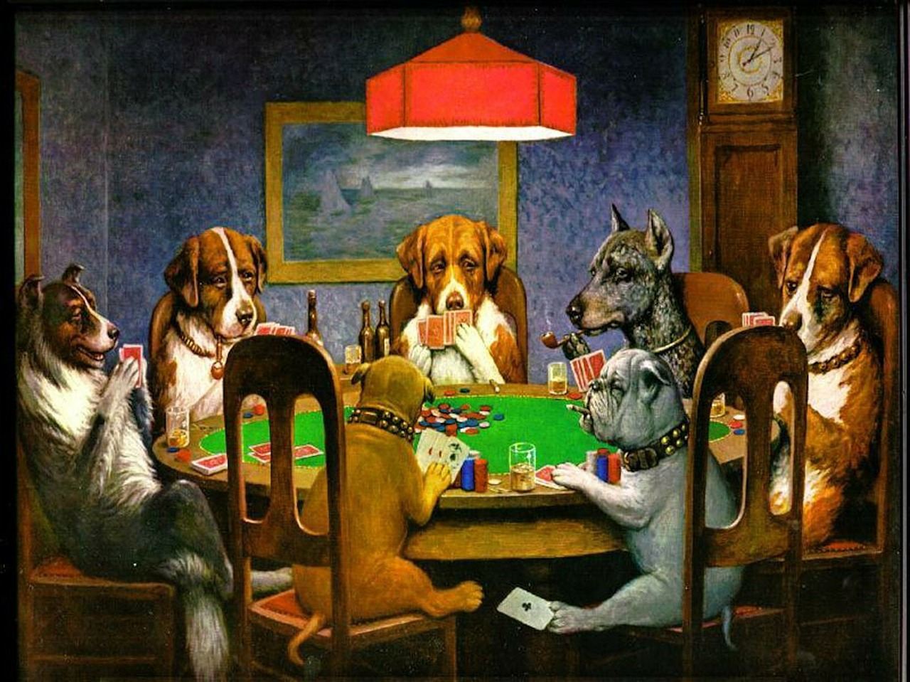 Hunde sitzen an einem Tisch und spielen Poker
